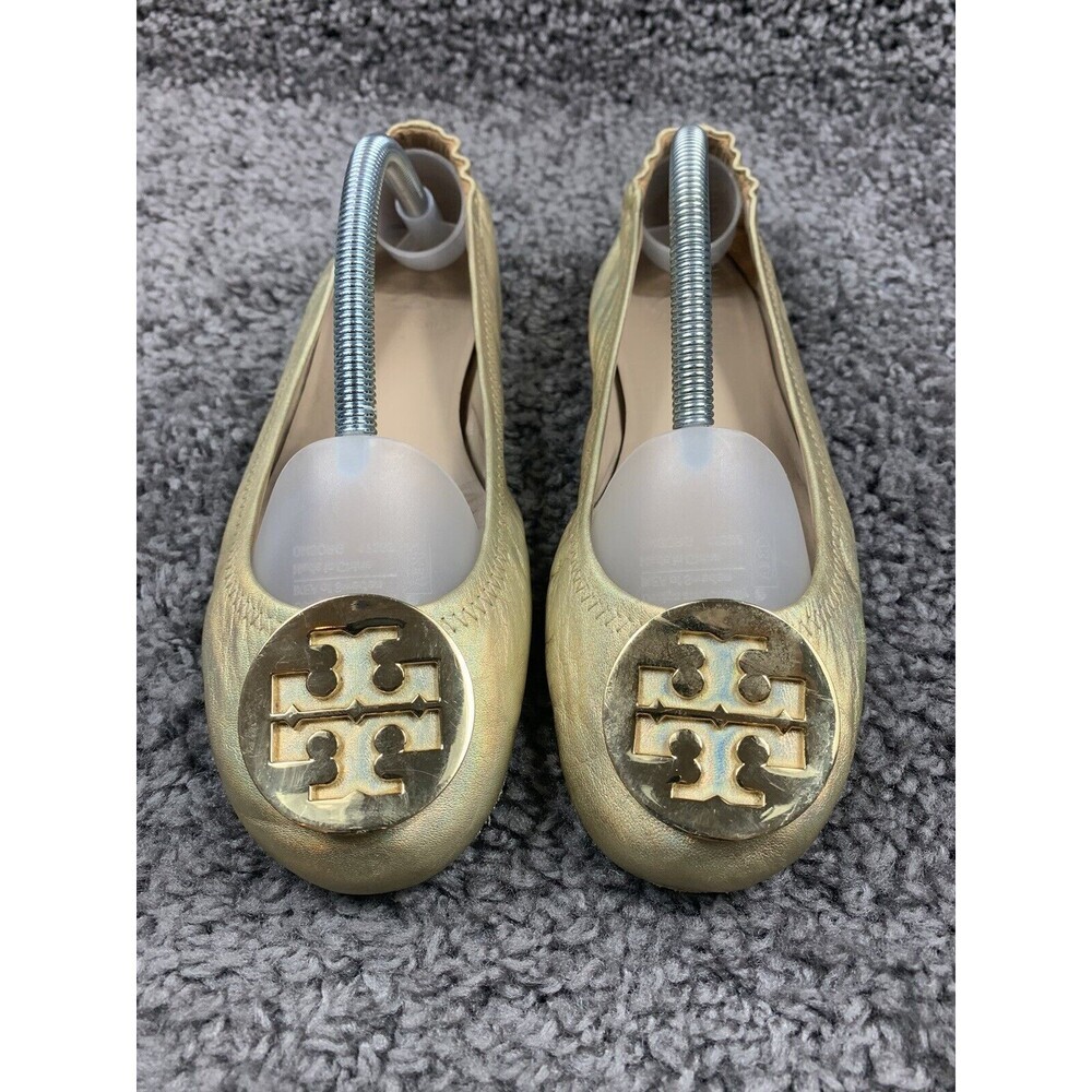 Tory Burch Reva Gold Ballet Flats Leather Metal Logo Medallion Size 6.5